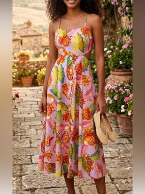 farm rio linen toucan tree midi dress FARM Rio Toucan Tropical Print Midi Dress XS NWT Strappy Brazil Colorful-  Beach